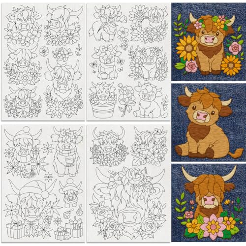 21Pcs Floral Highland Cow Water Soluble Hand Sewing Stabilizers - style: Highland Cow