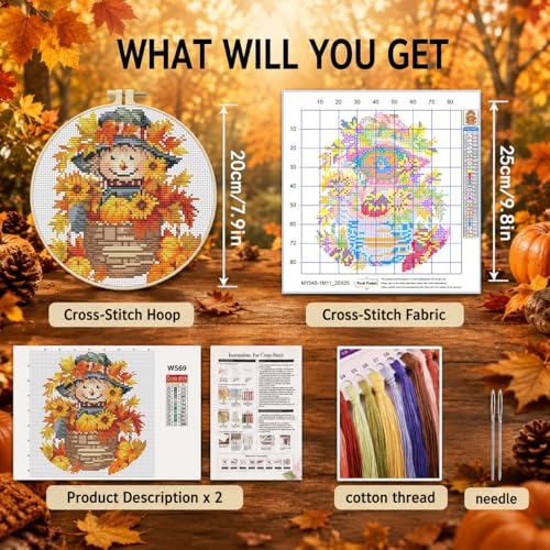 Scarecrow Stamped Cross Stitch Kits for Adults Beginners with Hoop Frame - color: Fall Scarecrow Cross Stitch with Framed