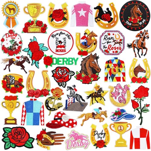 AUGSUN 36Pcs Kentucky Derby Iron on Patches Race Horse Sew on Appliques - style: Derby