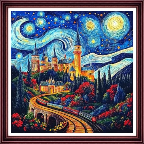 Funchey Counted Cross Stitch Kits for Adults Needlepoint Kits Unprinted Cross Stitching Embroidery Kit 11CT Cross Stitch Supplies-Starry Night Train Castle 18x18 inch - color: ArtsKits09