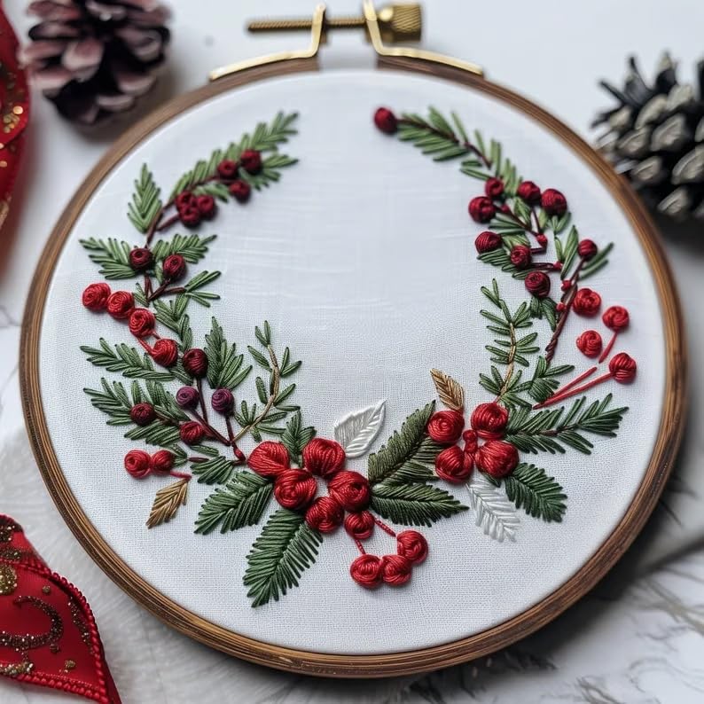 Christmas Embroidery Kit DIY Hand Embroidery Starter Cross Stitch Kits, Christmas Ornaments Embroidery with Stamped Pattern,Cotton,Threads,Needles,Instructions for Adults Beginners (Wreath) - color: Wreath
