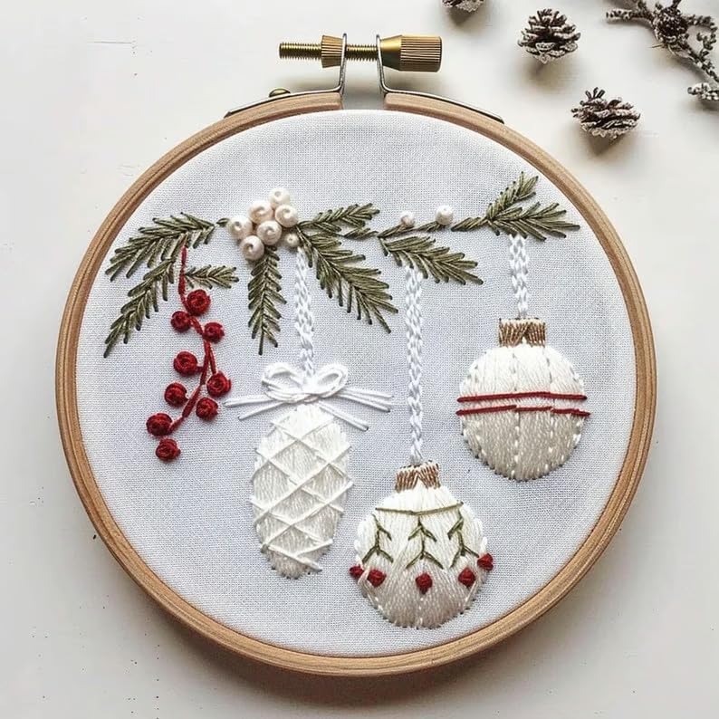 Christmas Embroidery Kit DIY Hand Embroidery Starter Cross Stitch Kits, Christmas Ornaments Embroidery with Stamped Pattern,Cotton,Threads,Needles,Instructions for Adults Beginners (Holly Bauble) - color: Holly Bauble