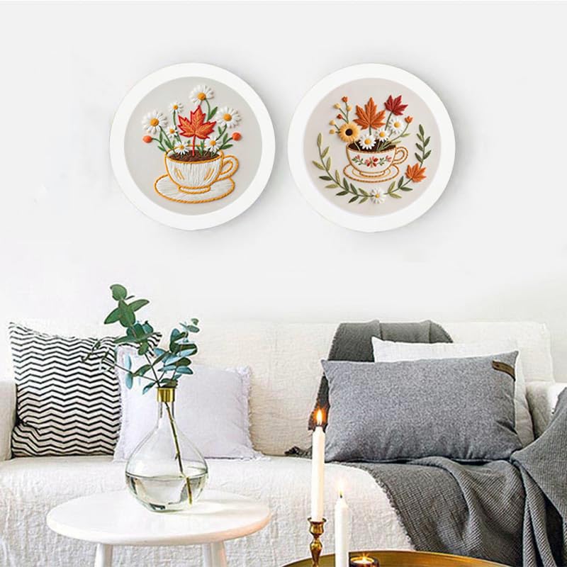 Konrisa Flower Cup Embroidery Kits for Adults,Creative Floral Embroidery Starter Kit DIY Sewing Practice with Hoop,Needlepoint Cross Stitch Kit, Set of 2 - color: flower cup