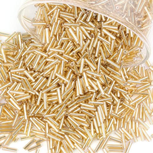 4000 Pcs Gold Glass Bugle Beads, 2 x 7 mm Embroidery Beads, Small Long Tube Seed Beads for Embroidery Craft Jewelry Making - color: Gold