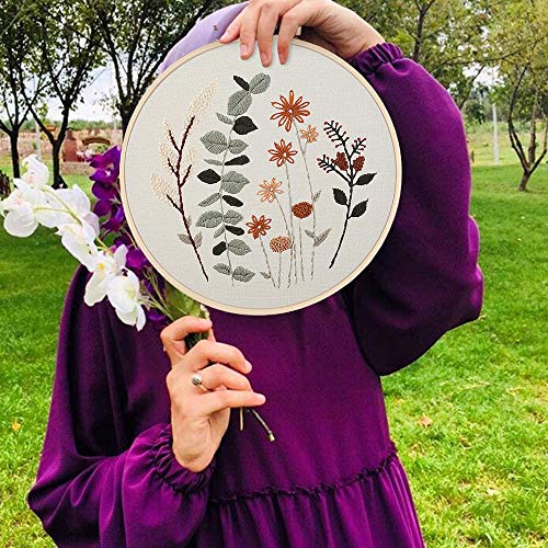 Uphome 3 Pack Embroidery Starter Kit for Beginners Stamped Cross Stitch Kits with Cute Flowers and Plants Patterns with 1 Embroidery Hoop and Color Threads for Adults Kids