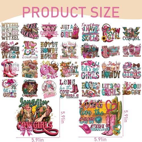 Dazoratix Western Cowgirl Transfer Stickers - 30 Sheets Hot Pink Vintage Iron on Transfers Retro Ready to Press Heat Patches for Girl Women Jeans T-Shirts Pillow Decals Clothing Decorations DIY Crafts - style: Cowgirl-30PCs
