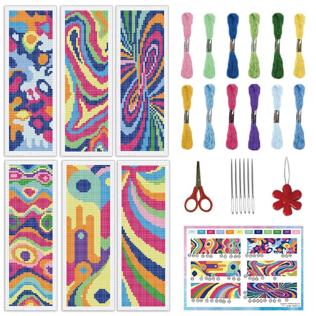 INFUNLY 6pcs Abstract Art DIY Cross Stitch Bookmark Kits for Beginners Creative Colorful Cross Stitch Kit with Instruction Modern Abstract Stamped Embroidery Bookmark Kit for Book Lovers Readers Gift - style: 6pcs Abstract Art