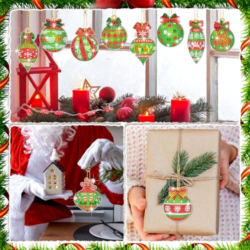Tondiamo 20 Pcs Christmas Diamond Painting Keychain Kits 5D DIY Diamond Art Pendants Double Sided Hanging Key Chains for Christmas Party Decoration DIY(Green Balls) - style: Green Balls