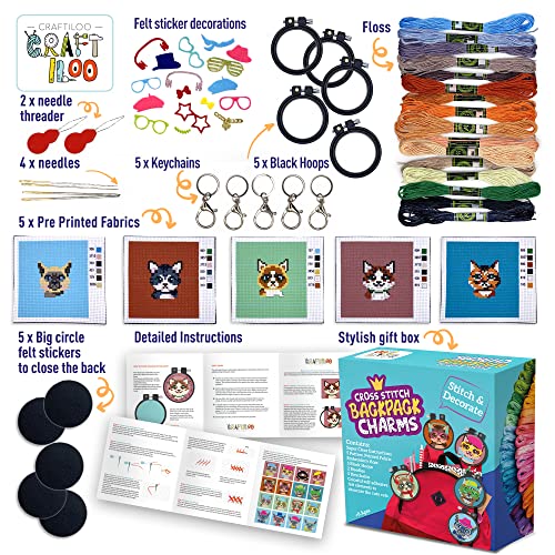 Cats Cross Stitch Kits for Kids - 5 Stamped Beginner Needlepoint Sets - color: Cats