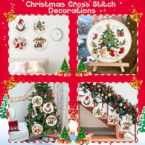 QCCTPUU 4 Sets Christmas Embroidery Kits, Beginner Embroidery Kit for Adults, Cross Stitch Kits for Beginners with Hand Embroidery Tools(Instructions, Needles, Threads - color: 4 Set Christmas
