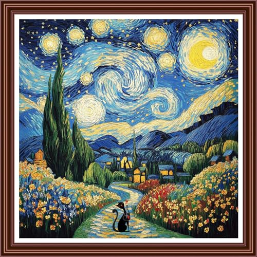 Dimensean Counted Cross Stitch Kit for Beginners, 11CT Unprinted Cross-Stitch Kit Easy Patterns Needlepoint Kit Cross Stitching Embroidery Kit Supplies-Van Gogh Starry Cat 18x18 inch - color: ColorDIY12