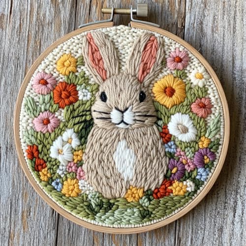 Punch Needle Kits for Beginners Cute Rabbit in Flowers 20x20cm-10 - color: 12-Rabbit