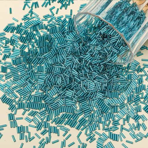 4200pcs Glass Bugle Beads, Mini Long Tube Seed Beads Bulk, Tiny Small Loose Spacer Embroidery Beaded for Bracelets Jewelry Making Sewing, Crafts, Christmas Ornaments, 2×6mm, Lake Blue - color: Teal