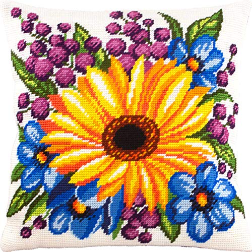Brvsk Floral Needlepoint Kit for Adults and Beginners — Sunflower Among Flowers 16″ × 16″ with Clear, Precise Printed Design on Cotton Canvas; Includes 2 Needles, Yarn, and Easy-Read Chart
