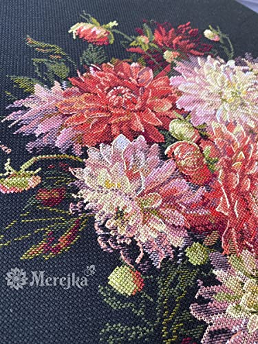 Merejka Dahlias Counted Cross Stitch Kit K-219 | Zweigart Black Aida 16 | 28 DMC Thread Colors | 11¾×15¾ in (30×40 cm)