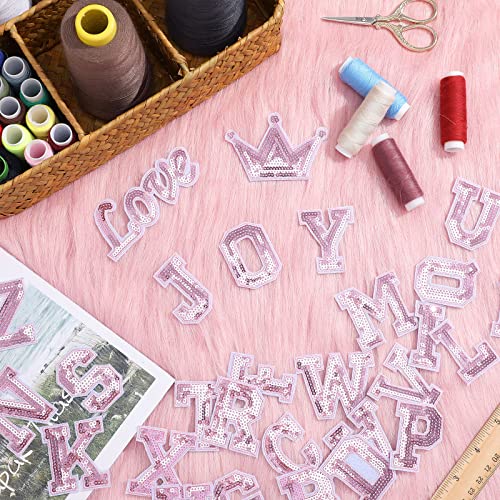 54 Pieces Iron on Sequin Letters Alphabet Patches Iron on Appliques Love Design Sew on Patches Glitter Hotfix for Bag Shoes DIY Craft Supplies(Pink) - color: Pink