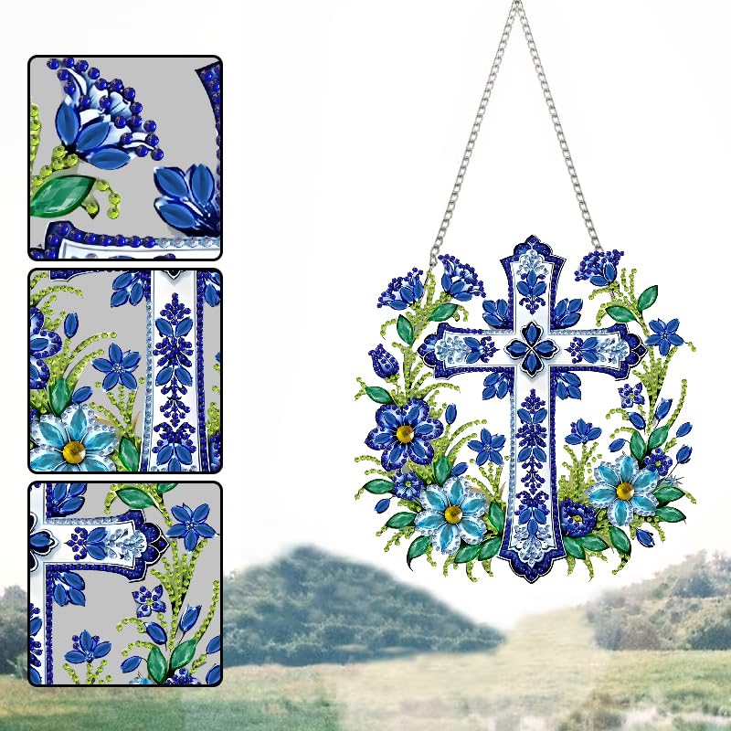 STGLCR Cross Hanging Diamond Art Kits for Adults - Cross Acrylic Board Double Sided Pattern Jesus Diamond Painting Suncatcher Pendant, Crystal Art for Home Wall Window Decor Handmade Gift 7.8Inch - color: 95-Cross blue