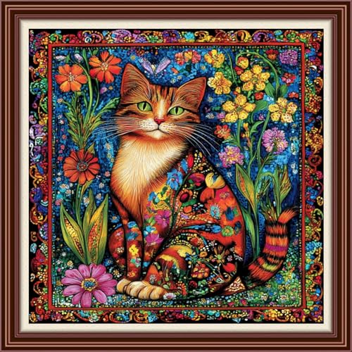 Dimxvean Counted Cross Stitch Kits for Adults,11CT Unprinted Cross-Stitch Pattern Embroidery Kit Cross Stitching Kit Supplies Needleworks Set- Magical Cat Flower 18x18 inchs - color: SetColor04