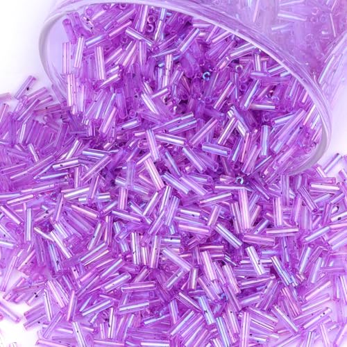 4000 Pcs Iridescent Light Purple Glass Bugle Beads, 2 x 7 mm Embroidery Beads, Small Long Tube Seed Beads for Embroidery Craft Jewelry Making - color: Iridescent Light Purple