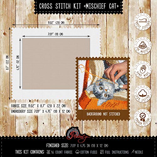 Counted Cross Stitch Kit 'Mischief Kitten' DIY Embroidery Set with Counted Gray Tabby Cat Pattern