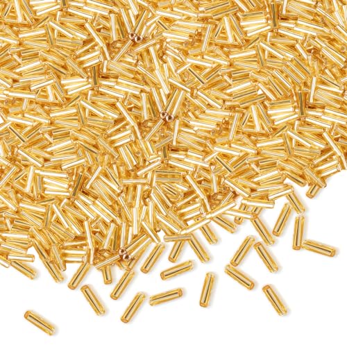 4000pcs Gold Bugle Beads Bulk -Embroidery Beads,Long Tube Bead for Jewelry Making, Bracelet Necklaces Supplies,Craft DIY(7x2mm) - color: Gold