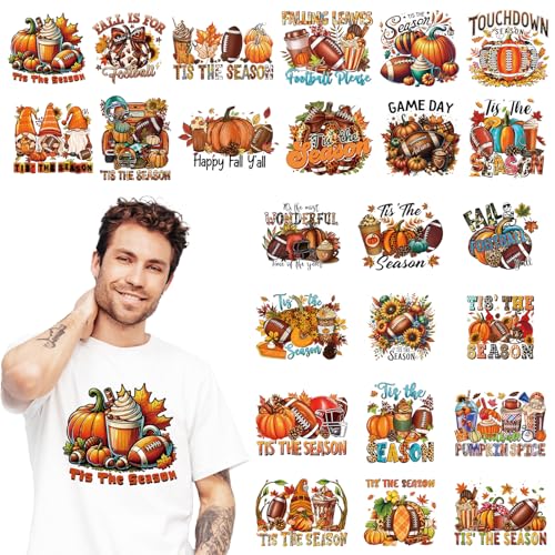 Dazoratix Fall Football Iron on Transfers - 24 Sheets DTF Ready to Press Heat Patches Vinyl Designs Pumpkin Stickers Decals for T Shirts Clothes Hoodies Bag Appliques DIY Crafts Decorations - style: Fall Football