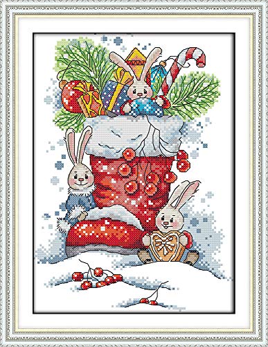 CaptainCrafts Cross Stitch Kits Full Range Stamped Fabric DIY Art Needlecrafts Embroidery Kit for Adults Beginner (Stamped 11CT, Rabbit in The Christmas Boots) - color: Rabbit In The Christmas Boots, size: Stamped 11CT