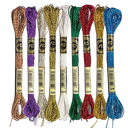 9 Skeins Mix Color Metallic Embroidery Floss Cross Stitch Needlework Thread, 8 Meters 12 Strands - color: Set of 9 Mix Color
