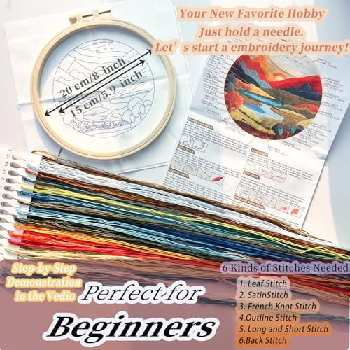 FONNUY Embroidery Kit for Beginners, Brightly Colored Landscape Lake Pre-Stamped Pattern Kits for Adults with Hoop, Easy to Follow Color Thread Needlework, 8'' Hoop (Darkblue) - color: Darkblue