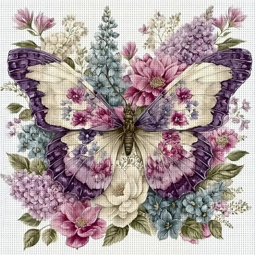 askkqtx Butterfly Stamped Cross Stitch Kits for Adults 14x14 Inch - color: Butterfly-XJ005
