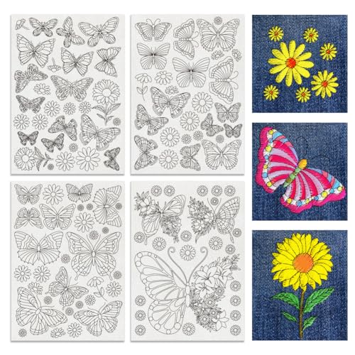 BENECREAT 4Sheets 111Pcs Sunflowers Butterfly Water Soluble Embroidery, 11.7x8.3inch Daisy Flower Cat Stick and Stitch Embroidery Paper Stabilizer for Shirts, Coats, Bags - style: Sunflowers Butterfly