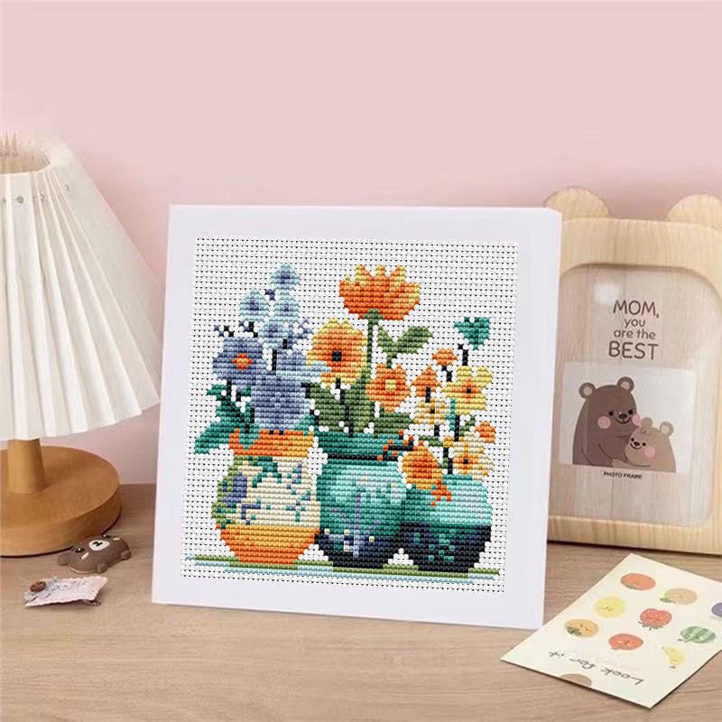 Tiwabb Flower Stamped Cross Stitch Kits for Adults Beginners with Frame - color: Bottle Flowers Cross Stitch with Frame