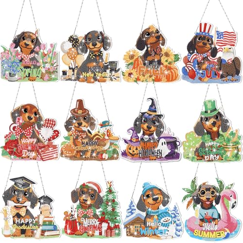 Cinnvoice Seasonal Diamond Art Hanging Kit,12 Pcs,Dachshund - style: Dachshund