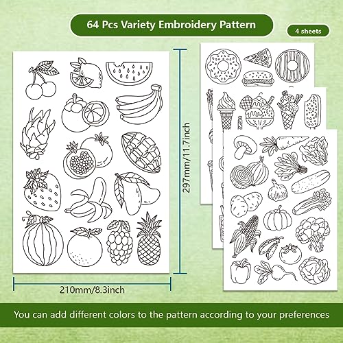 BENECREAT 4Sheets 64Pcs Water Soluble Embroidery, 11.7x8.3inch Food Pattern Transfers Water Soluble Stabilizer for Embroidery Stick and Stitch Embroidery Designs - color: Food