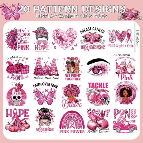 Dtf Transfers Ready to Press - 20Pcs Breast Cancer Awareness Iron on Transfers for Tshirts, Pink Ribbon Iron on Decals Patches, Power Hope Fight Heat Transfer Stickers for DIY Clothing Bags - color: Breast Cancer Awareness578