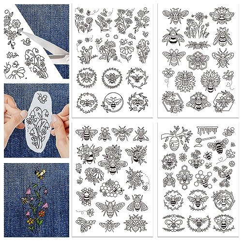 GLOBLELAND 4 Sheets Bee Water Soluble Embroidery Pattern 8.3×11.7 inch - color: Bee
