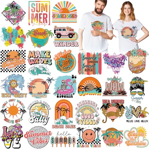 Estune 30 Pcs Summer Beach Iron on Transfers Summer Vibes DTF Ready to Press Heat Transfer Decal Retro Boho Vinyl Iron on Patches Stickers for T Shirts Jacket Bag Clothes DIY Crafts Party Decorations - style: Summer Beach