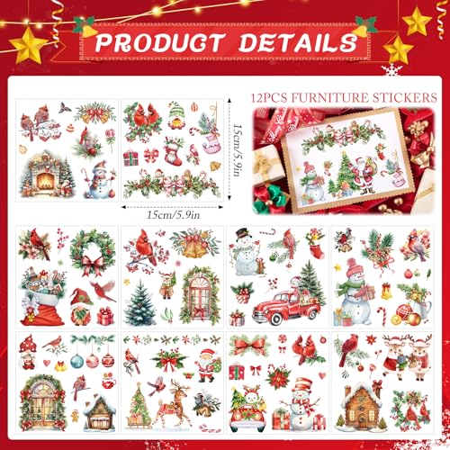 Christmas Rub on Transfers for Crafts - 12 Sheets Xmas Cardinals Rub on Transfers for Furniture Winter Santa Snowman Flower Rub on Transfer Stickers Decal for Wood DIY Craft Office Home Decor - style: Christmas