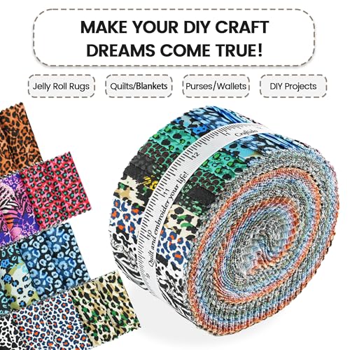 Craftido-20 Options-100% Cotton Jelly Roll Fabric Precut Strips for Quilting, Crafting, and Sewing, 40 Strips 2.5" x 44" Assorted Bundles for Rug, Quilt Project, DIY Craft and Home Decor-Fancy Animal - color: Fancy Animal