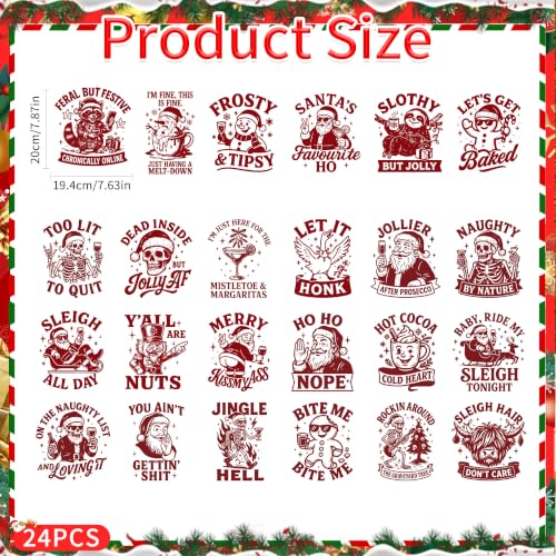 24 Sheets Funny Christmas Iron on Transfers for T-Shirts - color: Snarky Christmas