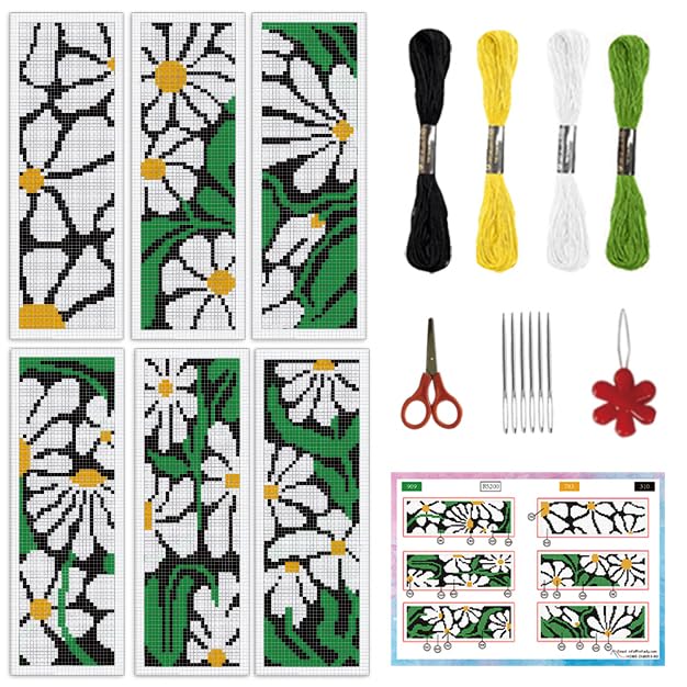 INFUNLY 6pcs White Daisies Cross Stitch Bookmark Kit for Beginners DIY Green Leaf Stamped Embroidery Bookmark Kits Flowers Needlepoint Kit with Instruction Easy Cross Stitch Set for Book Lovers Reader - style: Daisies