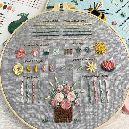 Myfelicity 3 Embroidery kit for Beginners, Beginner Embroidery Kit for Adults. Starter Kits to Learn 28 Different Stitches, Including Fabric with Prints, Threads, Needles, Hoop and Video tutorials… - color: 28 Stitch Kit