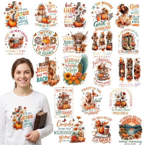 Dazoratix Fall Christian Iron on Transfers - 20 Sheets Autumn Jesus DTF Ready to Press Bible Verse Pumpkin Heat Patches Religious Faith Stickers Vinyl Decals for T Shirts Clothes Pillow Bag DIY Crafts - style: Fall Christian