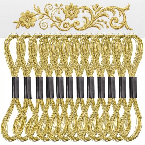 12 Skeins Gold Embroidery Thread Metallic Embroidery Floss Polyester Cross Stitch Thread Friendship Bracelet String Gold Sewing Craft Yarn Art Supplies for Hand Embroidery(8M/Skeins)