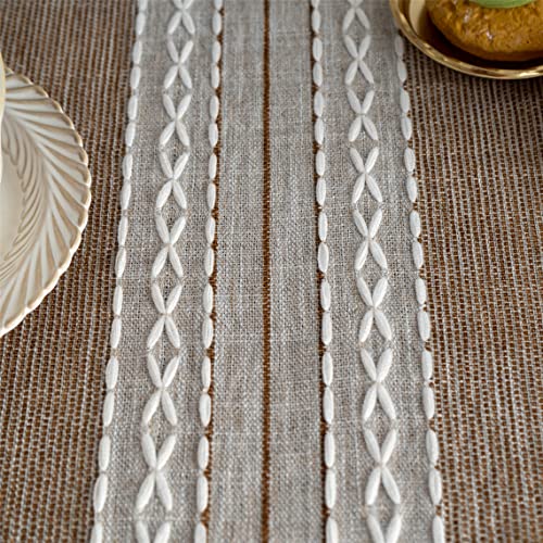 Gernaice Farmhouse Striped Tassle Small Tablecloth Heavy Duty Linen Fabric Wrinkle Free Tablecloths Square Embroidery Table Cloth for Kitchen Dining Party Patio Christmas Square Brown 36x36 Inches - color: Brown Striped-b