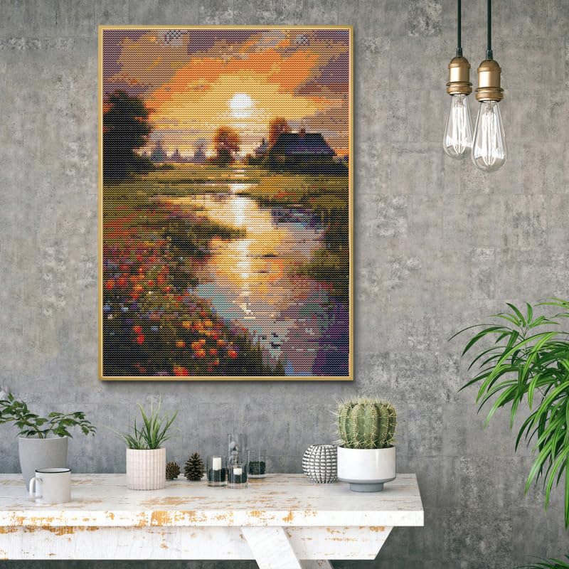 Eiazuiks Stamping Cross Stitch Kit, Sunset Counting Cross Stitch Kit for Adult Beginners, Full Line DIYStitching Kit for Home Decor Cross Stitch Patterns 12x16 inches - color: AKW084