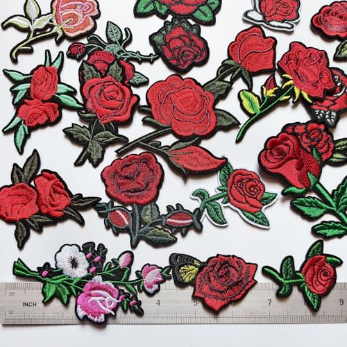 25pcs Flower Rose Iron on Patches, Assorted Sizes Color Floral Embroidered Patches Applique for Clothes Hats Jeans Jacket - color: Rose and Flowers