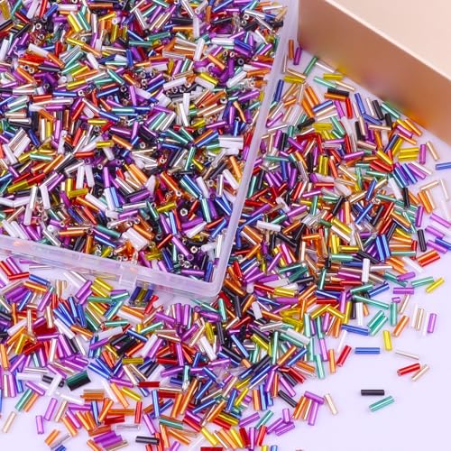 4000 Pcs Multicolor Glass Bugle Beads, 2 x 7 mm Embroidery Beads, Small Long Tube Seed Beads for Embroidery Craft Jewelry Making - color: Multicolor