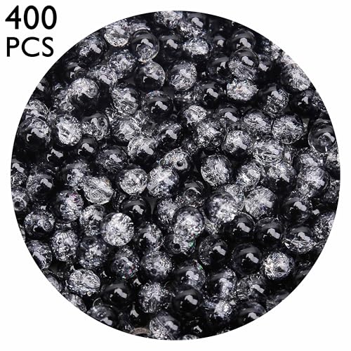 400PCs 4mm Black Crackle Glass Beads Bulk, Round Smooth Hole Glass Crystal Beads for Jewelry Making, DIY Bracelets, Necklaces, Bag Charms, Keychains and Craft Projects - color: Black Crackle, size: 4MM