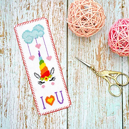 Povitrulya Counted Cross Stitch Kit 'Rainbow Unicorn' - DIY Embroidery Bookmark Set with Paper Pattern, 16 Count Aida Cloth and Pre-Sorted Floss